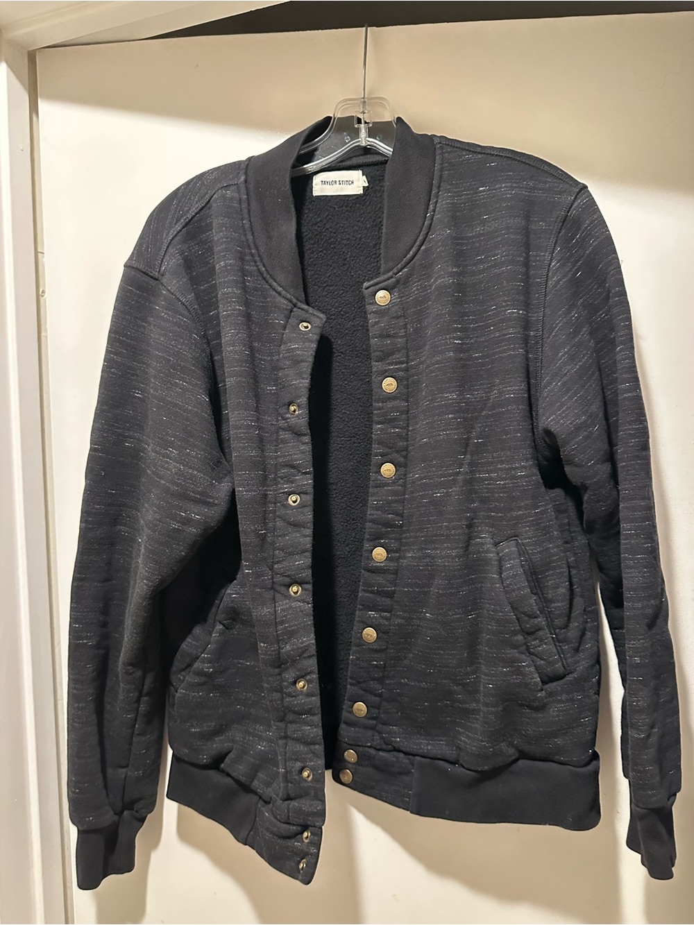 Taylor Stitch Black Heather Fleece-Lined Bomber Jacket Snap Button Size 42